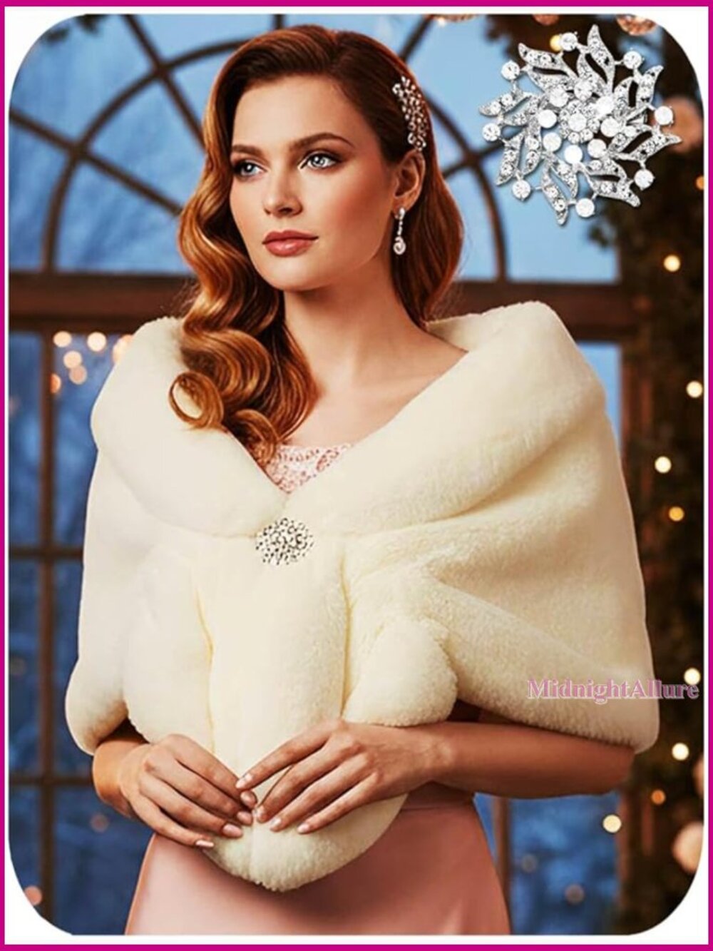 Faux Fur Shawl Wrap with Rhinestone Brooch for Weddings and Formal Events